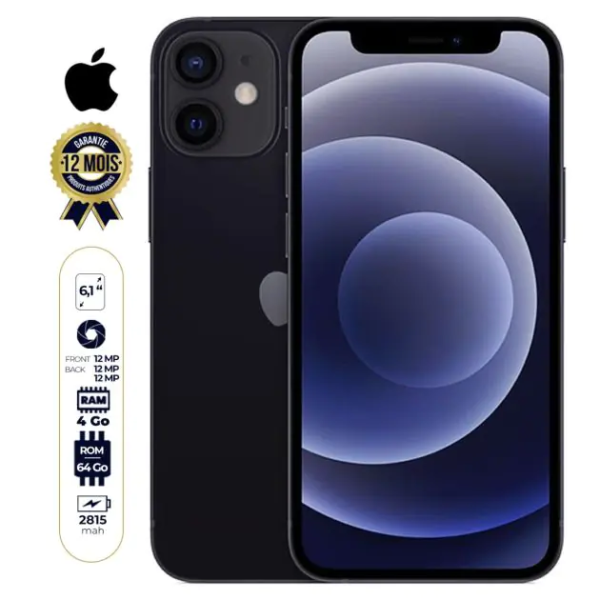 IPhone 12 - Apple - 6.1" - 5G - 64 Go/4Go RAM - 1 Nano SIM - 12MP/12MP - 12 mois de garantie