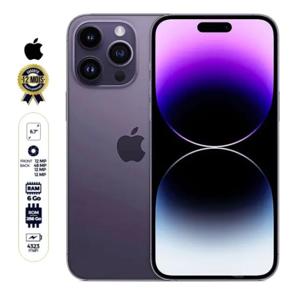 Iphone 14 Pro max - 6.7'' - 256 Go/6Go - 48MP/12MP - 1 Nano sim physique et 1 e-sim - A16 Bionic chip - 4325mAh - 12 mois + Cadeau Surprise